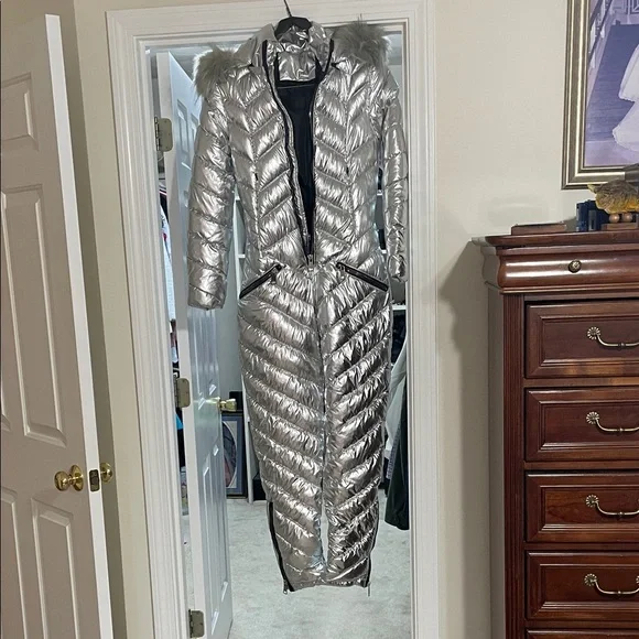 Long Silver Puffer Coat with Hood - Picture 1 of 8